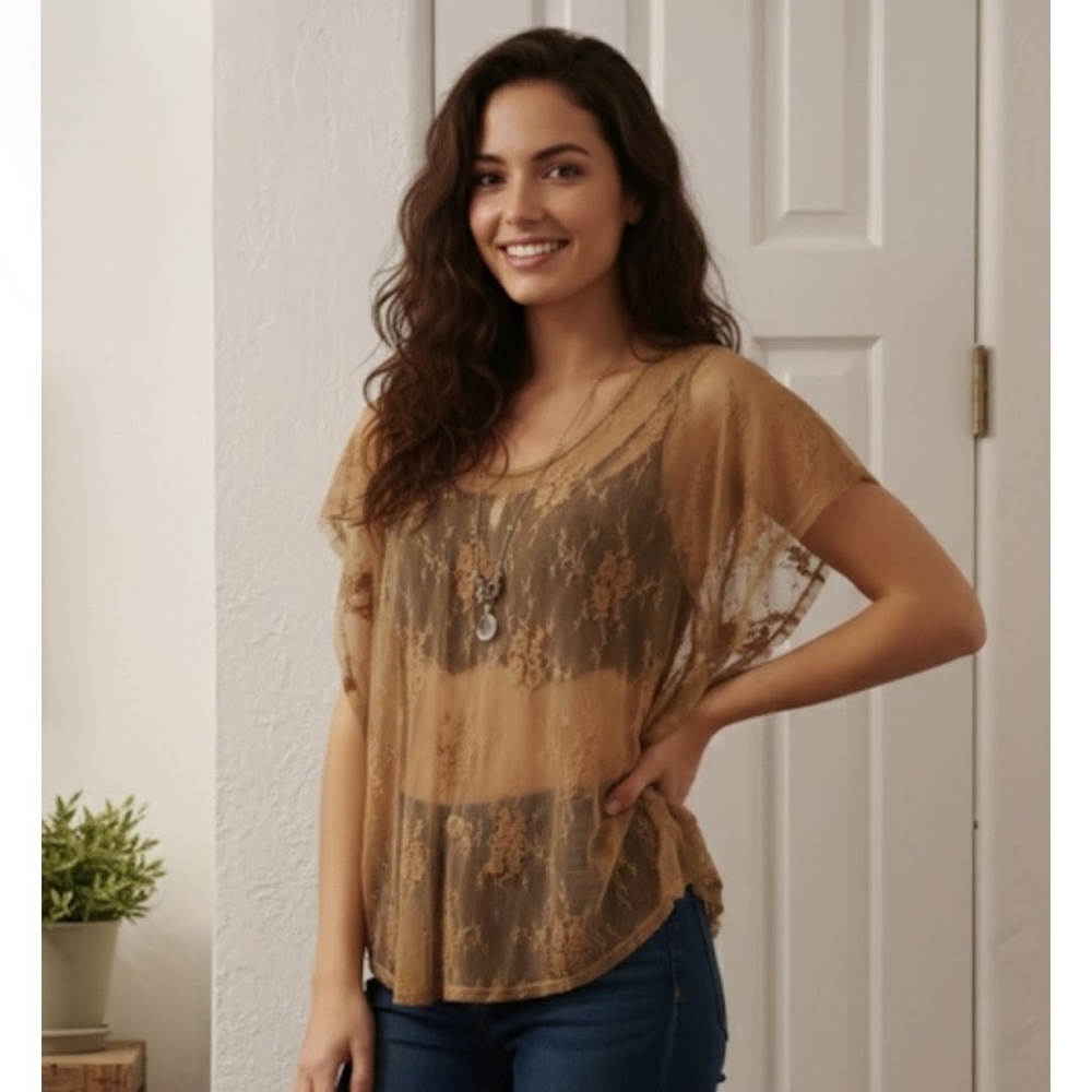 HEM & THREAD Brown Sheer Lacy Angel Wing Bohemian Cottagecore Top EUC Small